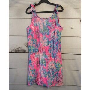 Lilly Pulitzer Girls Pink Blue Coral Print Tie Shoulder Romper XL 12-14 Cotton